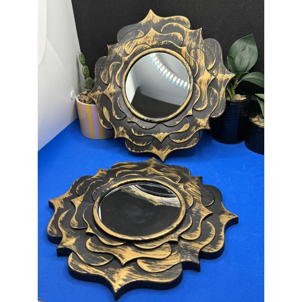 Decorative Lotus Mandala Wall Mirror Set Black & Gold Distressed Finish
